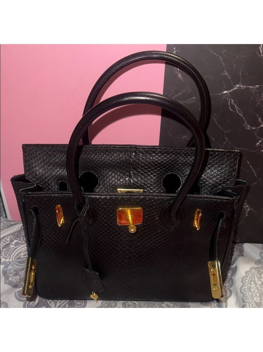 Structured Black Leather Satchel with Gold-Tone Hardware snake skin - Picture 16 of 16